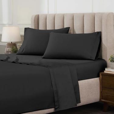 Imagem de Superior Jogo de lençol de algodão egípcio de 4 peças, luxuoso, 1500 fios, design moderno, lençóis sustentáveis, básicos ultramacios, liso, lençol de cima, fronhas, completo, preto