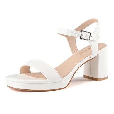 Imagem de Salto plataforma feminino quadrado aberto bico bloco salto grosso sandálias com fivela tira no tornozelo formatura vestido de casamento, Branco, 40