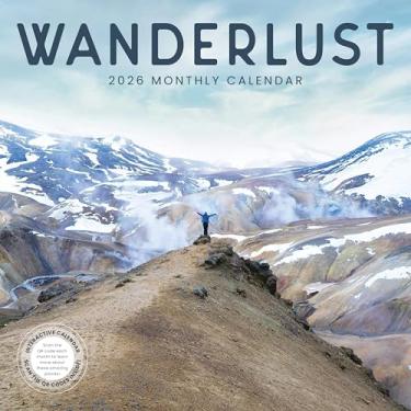 Imagem de Calendário Wanderlust 2026 | Calendário de parede de viagem de aventura 12 meses | 30,5 cm x 61 cm | Marble City Press | Calendário de citações inspiradoras Boho World Travelers com códigos QR