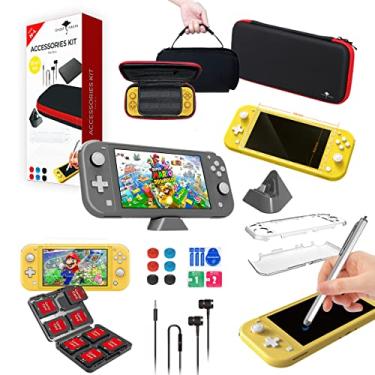Imagem de Kit de acessórios Switch Lite 12 em 1 para console Nintendo Switch Lite, conjunto de mini base de carregamento, fone de ouvido, capa protetora, bolsa de transporte, protetor de tela, armazenamento de cartão de jogo, Stylus, 6 punhos de polegar
