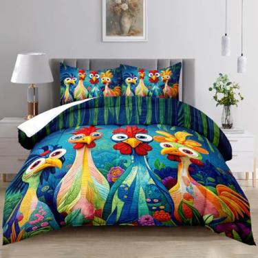 Imagem de Raphus cucullatus Conjunto de edredom com estampa de galinha, desenho kawaii, Queen, estampa animal, tamanho Queen, lençol fofo, estampa animal, decoração de casa
