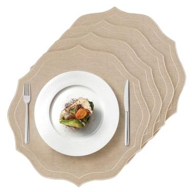 Imagem de Conjunto de 4 jogos americanos de linho de algodão, tapetes de mesa redondos de pano recortado de 38 x 38 cm, lavável na máquina, tapetes de tecido resistente a vincos para casamento, verão, chá de