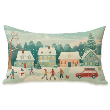 Imagem de Fahrendom Winter Town Capa de almofada retangular decorativa lombar 30,5 x 50,8 cm, cenário de rua, alpendre, pátio, exterior, árvore de Natal, boneco de neve, sazonal, sofá, capa de almofada