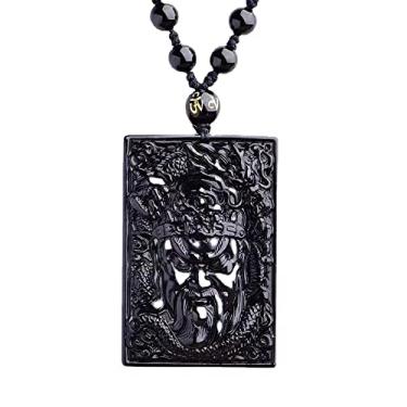 Imagem de HLbshi Colar de cristal natural obsidiana preta guan yu Guan Gong deus da fortuna pingente com corrente, Gema, Obsidiana