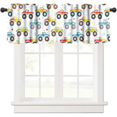 Imagem de KANEPE Cortinas de camiões de carros de caminhão colorido desenho animado monstro carro padrão janela tratamento sanefa cortinas curtas varão bolso drapeado para sala de jantar, decoração de quarto de