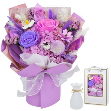 Imagem de BLOCE Buquê de flores preservadas, flores para sempre - flores para entrega Prime, buquê de rosas eternas para o dia dos namorados, dia das mães, Natal, presentes de aniversário (com vaso) (roxo)
