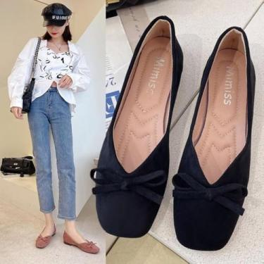 Imagem de Mulheres Flats Slip On Sapatos Baixos Bico Redondo Raso Borboleta-nó Bailarina Slip On Mocassins Faux Suede Lady Ballet, Black, 36 EU