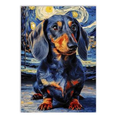 Imagem de Placa Decorativa Cachorro Cão Na Noite Estrelada De Van Gogh Salsicha Decoração Poster Quarto Sala