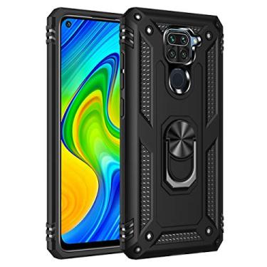 Imagem de SORAKA Capa para Xiaomi Redmi Note 9 com suporte de anel capa armadura Redmi Note 9 capa traseira de policarbonato rígido com placa de metal para suporte magnético de telefone carro preto