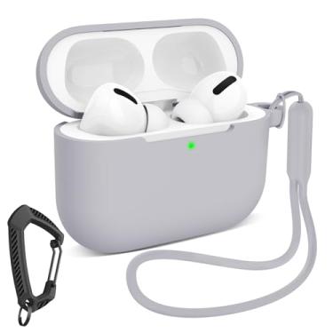 Imagem de MILPROX Capa compatível com AirPods P3 - Capa protetora de silicone macio com mosquetão/cordão para mulheres e homens, LED frontal visível, design feminino suave para capa à prova de choque - cinza