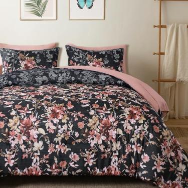 Imagem de Dobuyly Conjunto de edredom king size, 7 peças, azul marinho, floral, cama em uma bolsa, estampa de flores botânicas, conjunto de cama para todas as estações, com lençóis, fronhas e fronhas