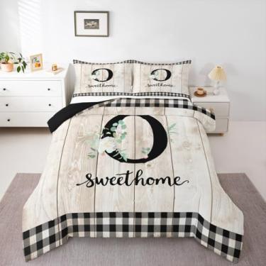 Imagem de Erosebridal Jogo de cama solteiro com letras, alfabeto, xadrez, rústico, bege, flores rústicas, floral, para crianças, meninos, meninas, homens, porta de celeiro de madeira, decoração de casa de