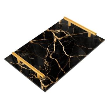 Imagem de Bandeja organizadora de bancada de banheiro em mármore preto dourado fluido para banheiro, organizador de vaidade para perfume, maquiagem, balcão de cozinha, decoração de mesa de centro