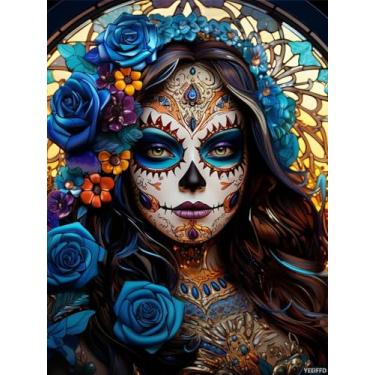 Imagem de YEEIFFD Dead Sugar Skull Women Halloween 5D Diamond Paint for Adults Full Drill Round Diamond Art Painting by Number Kits para iniciantes Gems Ponto cruz para decoração de parede 30,5 x 40,6 cm