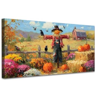 Imagem de KISTIKAT Arte de parede em tela de espantalho de abóbora, pintura de paisagem de celeiro de colheita de outono, pôster floral de outono e fardo de feno para arte de parede de fazenda rústica