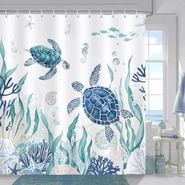 Imagem de COZZSNUGE Cortina de chuveiro tartaruga marinha, azul-petróleo, oceano, praia, concha, estrela-do-mar, coral, costeira, cortina de chuveiro para banheiro, tecido de poliéster impermeável com 12
