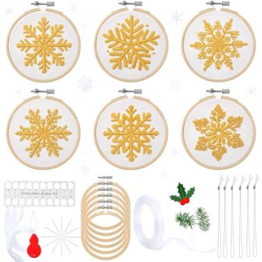 Imagem de Roowest 6 conjuntos de kits de enfeites de bordado de Natal para iniciantes adultos flocos de neve kit de ponto cruz DIY com instruções de padrões, bastidores de bordado, fios, agulhas, fitas (branca)