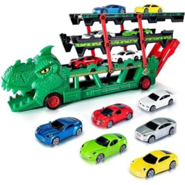 Imagem de Caminhão Carreta Dinossauro Verde com 6 Carrinhos de Metal – Brinquedo Infantil