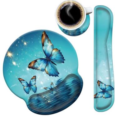 Imagem de Mouse pad suporte de pulso e teclado com descanso de pulso com porta-copos, base de borracha antiderrapante, mouse pad ergonômico para jogos em casa, escritório, estudo, fácil digitação e alívio da dor, borboleta azul mágica sobre a água
