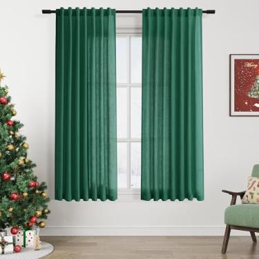Imagem de Cortinas de linho verde esmeralda para sala de estar 153 cm de comprimento, conjunto de 2 painéis, cortinas de linho com filtro de luz, para cozinha, janelas, bolso para varão, aba traseira, curta