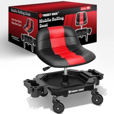 Imagem de FREEKYROCK Banco de rodinhas com rodas, assento de mecânico de garagem pneumático de altura ajustável com encosto, capacidade de 181 kg, cadeira giratória de 360° com bandeja de ferramentas, vermelho