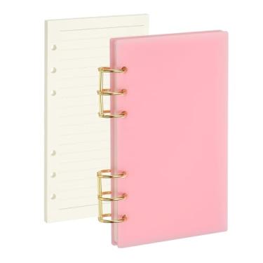 Imagem de PATIKIL Capa para caderno com 6 anéis, fichário acrílico A6, 2 anéis redondos de metal dourado com 90 folhas, papéis internos forrados para planejador de viagens, escritório, orçamento, rosa