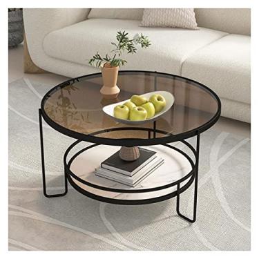 Imagem de Mesa de centro moderna redonda de vidro temperado, mesa de chá de 2 camadas com prateleira de armazenamento para sala de estar, varanda, mesa de escritório, mesa lateral com moldura de metal