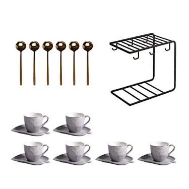 Imagem de Caneca Xícaras de Café Expresso de Porcelana com Pires e Colheres Conjunto de Xícara de Café e Pires 145 g Decoração de Borda Dourada e Conjunto de Chá de Suporte de Metal Preto, Conjunto de 6 Canecas