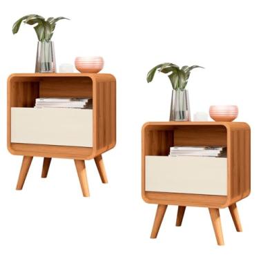 Imagem de Kit 2 Mesas de Cabeceira Lateral Criado Quarto Retrô com Gaveta e Nicho Channel 57 x 45 x 35cm(Nature com Off White)