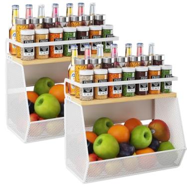 Imagem de Prateleira magnética para geladeira com ímã largo e grosso, pacote com 2 cesta organizadora de geladeira com parte superior de bambu, armazenamento para frutas, batata, cebola, cozinha, despensa