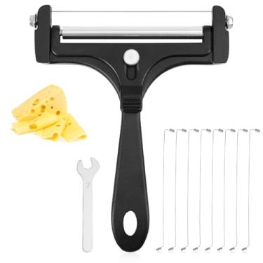 Imagem de Kit Fatiador de Queijo, Espessura Ajustável Fatiador Queijo Portátil Ferro com 8 Fios Extras e Chave Inglesa Cortador de Alimentos para Mussarela Cheddar Manteiga (Preta)