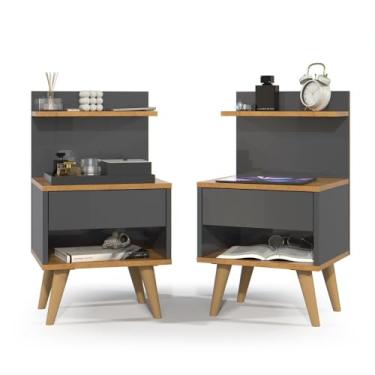 Imagem de Kit com 2 Mesa de Cabeceira Retrô Com 1 Gaveta Sleep Decor 67,5 X 37,5 X 33,5cm(CINZA/NATURE)
