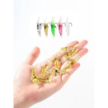 Imagem de 20 peças iscas de camarão de silicone artificial, conjunto de iscas macias de silicone luminoso, isca de pesca de camarão com ganchos, amarelo, 20