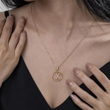 Imagem de Colar de strass com inicial A-Z - Joias delicadas com pingente circular com corrente ajustável, colar de alfabeto personalizado para mulheres,, F, Aço inoxidável, Sem Pedra Preciosa