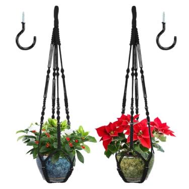 Imagem de Pacote com 2 cabides para plantas de macramê, vasos para pendurar em ambientes internos e externos, feitos à mão, corda de algodão, vasos de flores duráveis para decoração de teto, varanda, jardim