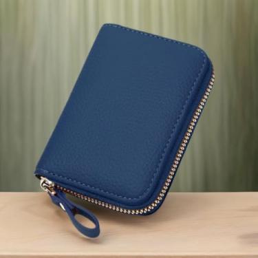 Imagem de Carteira pequena feminina de couro com zíper para cartão, carteira compacta de couro portátil, porta-cartão de crédito, Azul, uso diário