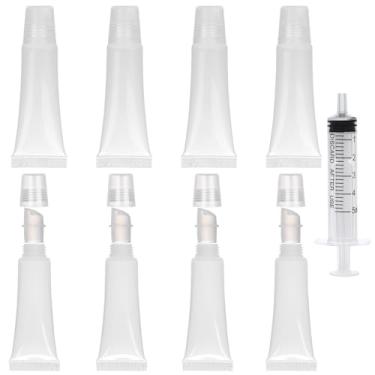 Imagem de 8 tubos de brilho labial, recipientes vazios de bálsamo labial transparente de 10 ml, recarregáveis, mini frasco de compressão de brilho labial com ferramenta de enchimento para mulheres e meninas