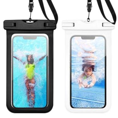 Imagem de Pacote com 2 bolsas de telefone à prova d'água com cordão, capa flutuante universal para natação ao ar livre, praia, mergulho, passeios de barco, viagem, bolsa seca transparente (branca)