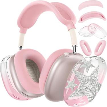 Imagem de Capa para fones de ouvido AirPods Max, capa transparente e macia, acessórios para Apple AirPods Max (2024/2020) (conjuntos de estrelas rosa de cor gradiente (4 em 1))