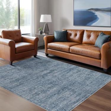 Imagem de DMOYEST Tapete de área para sala de estar – 12 x 18 cm, grande, macio, neutro, moderno, abstrato, baixo, lavável, tapete para quarto, sala de jantar, casa de fazenda, escritório em casa - azul escuro