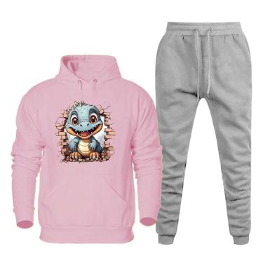 Imagem de Conjunto Plus Size Moletom Masculino Numeraçao Especial Estampa Dinossauro Blusa Canguru e Calça