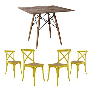 Imagem de Conjunto De Mesa Eiffel Quadrado Tampo De Madeira 90Cm Amêndoa Com 4 Cadeiras Katrina Amarela