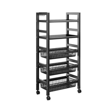 Imagem de Estante Organizadora Multiuso com Rodízios, Metal e Plástico, Preta, 120x55x32cm, 4 Cestos Ventilados para Cozinha, Lavanderia e Despensa