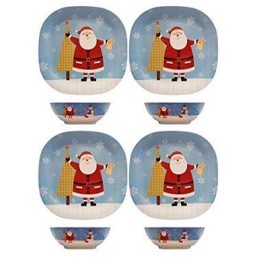 Imagem de Conjunto de 8 peças de pratos quadrados de melamina e boneco de neve de Natal e Papai Noel. Pratos de 28 cm – Tigelas de 16,5 cm. (Conjunto de 8 bonecos de neve de Papai Noel)