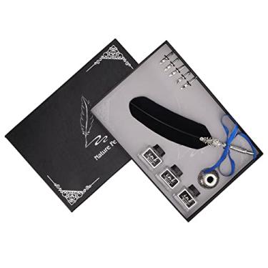 Imagem de Conjunto de caneta de imersão de pena de pena retrô vintage com 5 pontas de metal substituíveis Caneta de escrita de caligrafia antiga e elegante para artistas escritores (Preta)