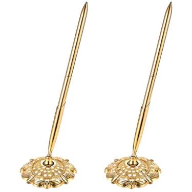 Imagem de Heclia 2 canetas de casamento para assinar livro de visitas, caneta esferográfica de metal com suporte redondo vazado, conjunto de canetas de assinatura dourada para casamento, chá de panela, noivado