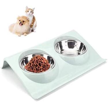 Imagem de Comedouro E Bebedouro Duplo Para Pet Gatos E Cães Pequenos Porte Filhotes Tigelas Inox Ração E Água Elevado Alimentador Para Animais De Estimação