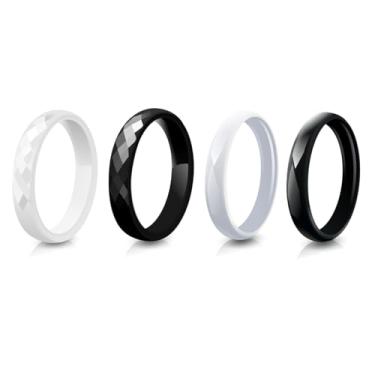 Imagem de Pinannie Pacote com 4 anéis hipoalergênicos de cerâmica e esmaltado, alianças de casamento preto e branco de 3 mm de largura para mulheres e homens, joias unissex de ajuste confortável para ela e ele
