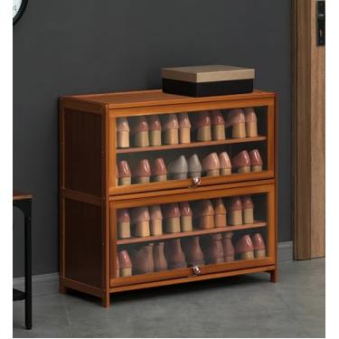 Imagem de Armário de armazenamento de sapatos de bambu com portas dobráveis, organizador de sapatos de grande capacidade para corredor, entrada, escritório, quarto, sala de estar, sapateira com porta