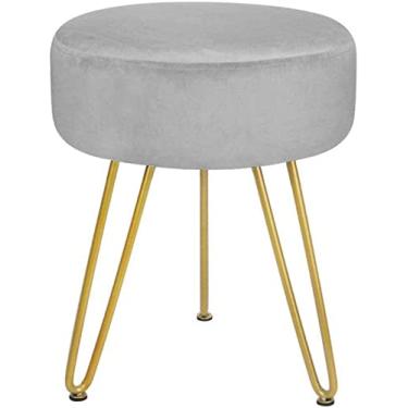 Imagem de SENNIAN Banqueta para os pés de veludo, banquinho redondo, otomano, moderno para apoio para os pés, cadeiras decorativas de 3 pernas, banquinho para penteadeira para sala de estar e quarto, cinza HOM